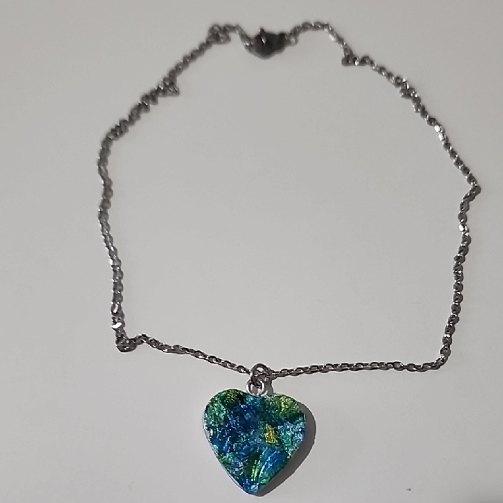 Antique Heart Pendant Necklace with Blue and Green Hues